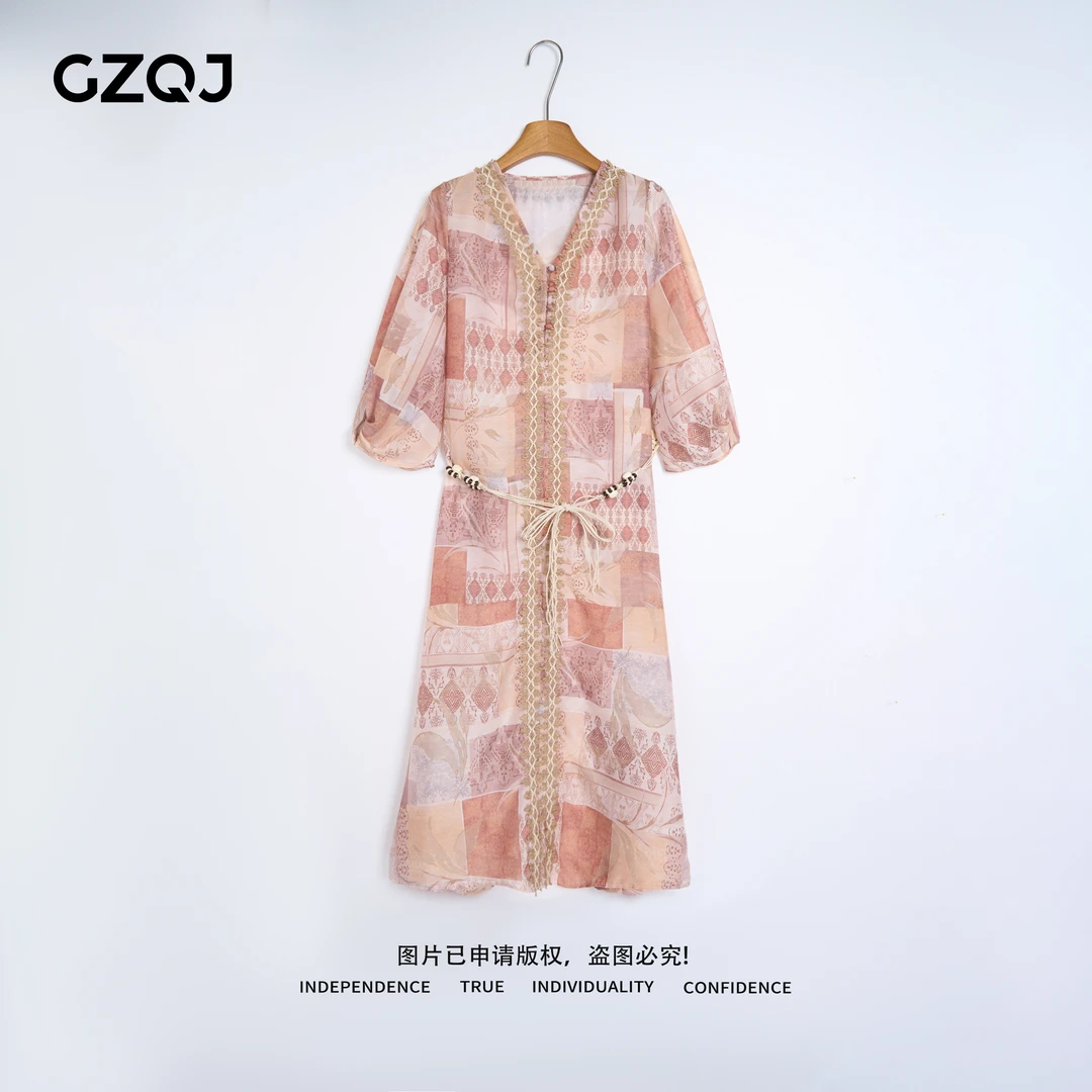 老琴私服【沙藤密语】欧若风度假风重工系带蕾丝中长款连衣裙夏450