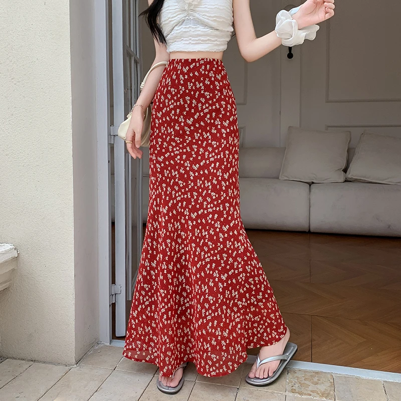 雪纺碎花半身裙女包臀鱼尾裙2025夏季新款时尚印花气质显瘦长裙