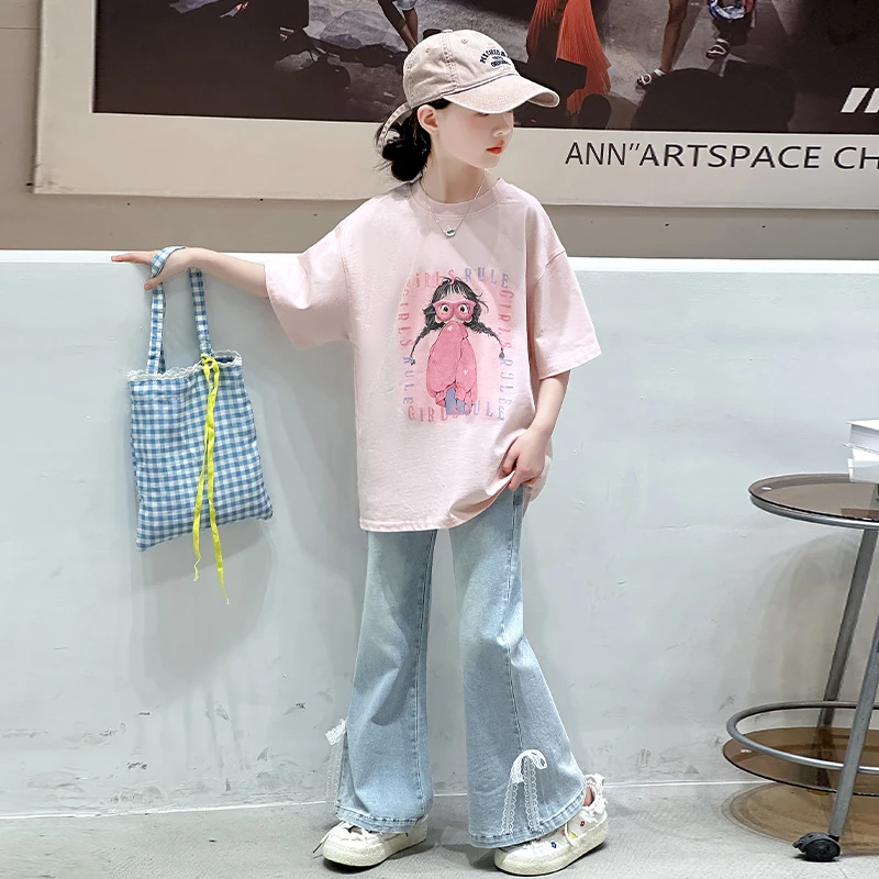 女童夏装时尚甜美短袖T恤2025新款中大童洋气弹力牛仔喇叭裤套装