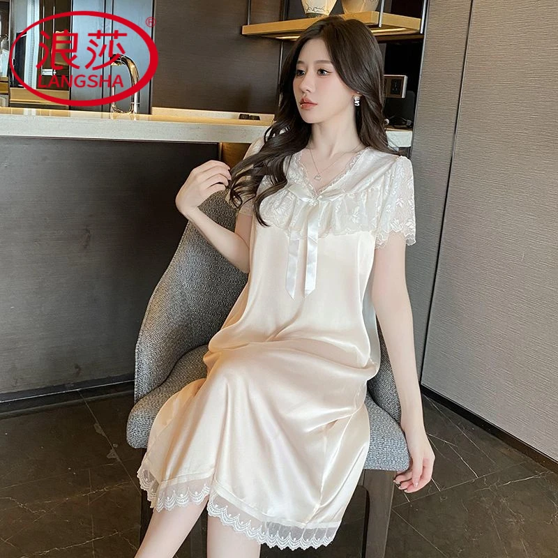 浪莎女士冰丝睡衣女夏季睡裙带胸垫网红蕾丝轻奢高级感家居服夏可