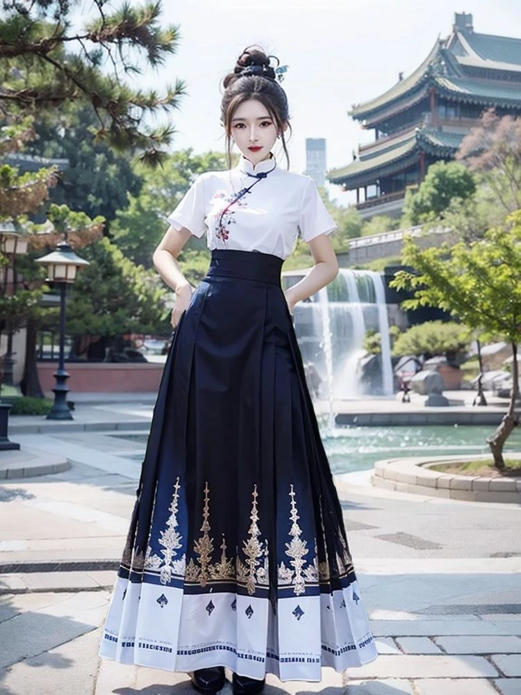 新中式国风复古绣花上衣马面裙套装2025夏季新款日常可穿两件套女