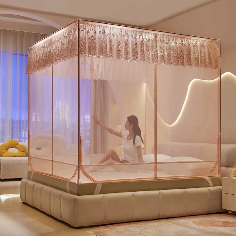 公主风床上防摔蚊帐全底t+u家用卧室三开门1.8×2米大床纱帐防蚊