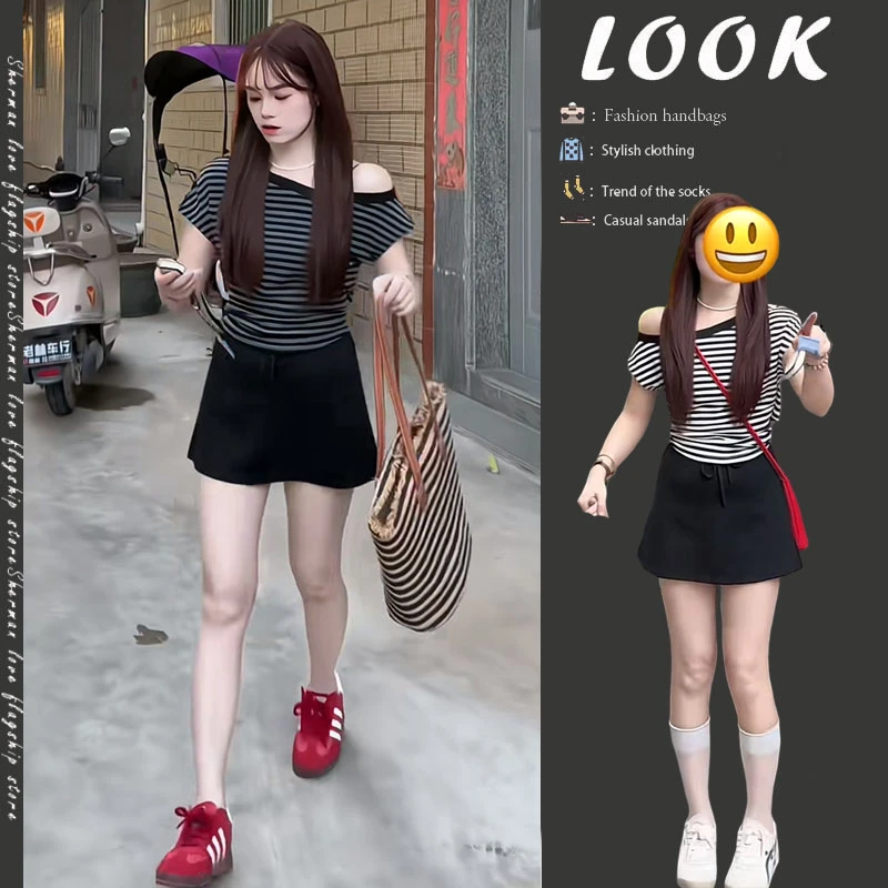 夏季超火穿搭一整套女2025新款韩版条纹露肩上衣减龄短裙两件套潮