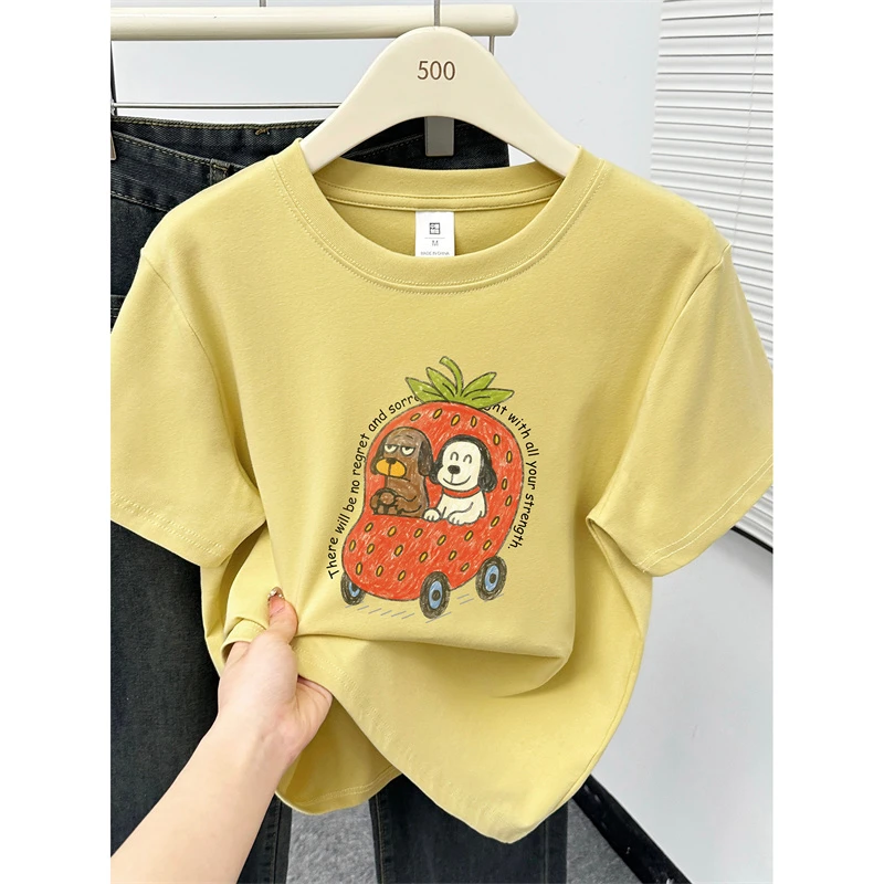 姜黄色大码女装正肩短袖T恤夏季2025新款韩版洋气印花半袖上衣ins