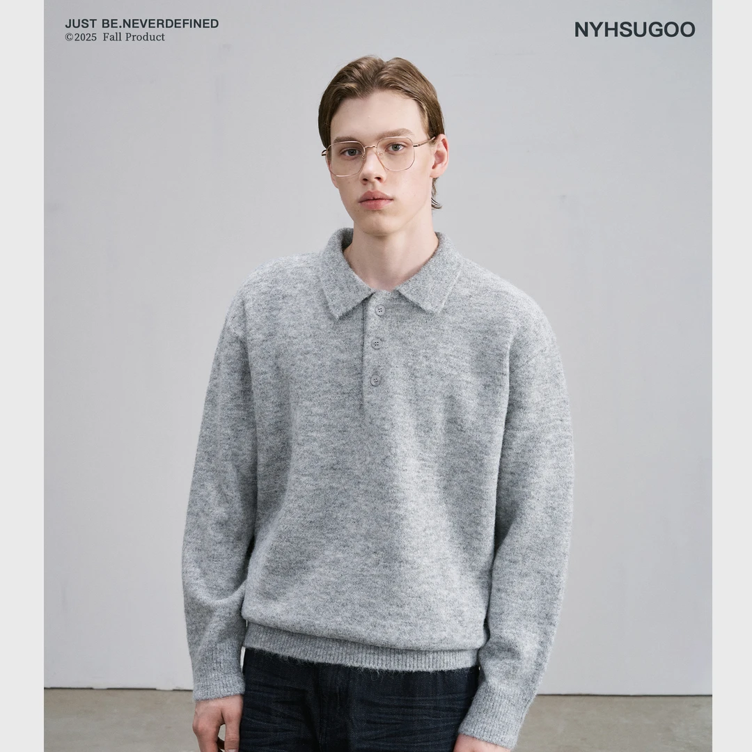 NYHSUGOO/南乙秋冬357针双色混纱交织长羊毛翻领毛衣3787男士针织