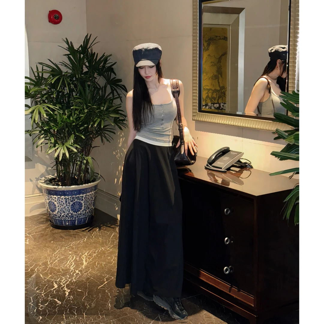 菠萝宝宝yuna【赫本风】自然垂坠飘逸A字大裙摆赫黑色本风半身裙YG5