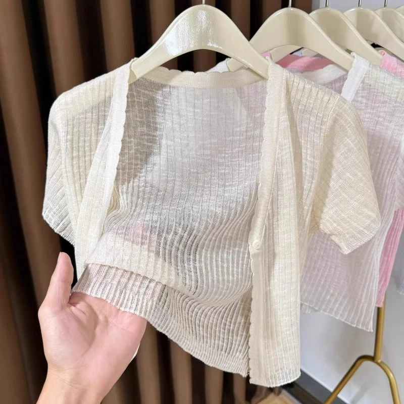 芯娇晴轻薄防晒小开衫短袖披肩外搭女装2025新款配吊带裙微透短款