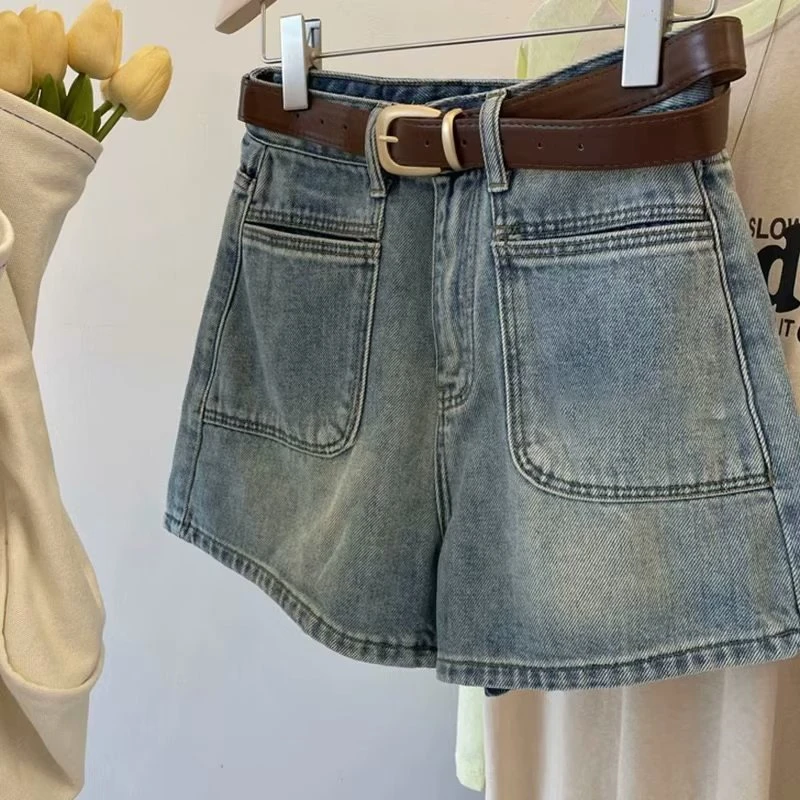 阔腿口袋设计女短裤高腰显瘦新款2023夏气质优雅棉质弹力字裤子