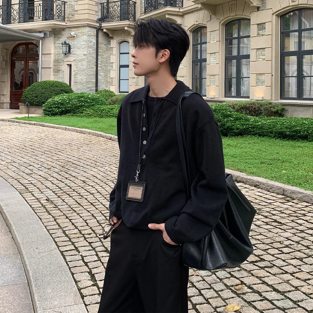 一轩轩轩【旋转心动】秋冬高智感衬衫领假两件男半开衫针织衫MY517