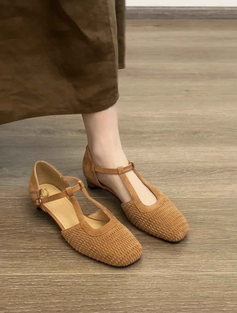 小众复古风编织绝美罗马凉鞋女2025配裙子中空玛丽珍粗跟包头单鞋