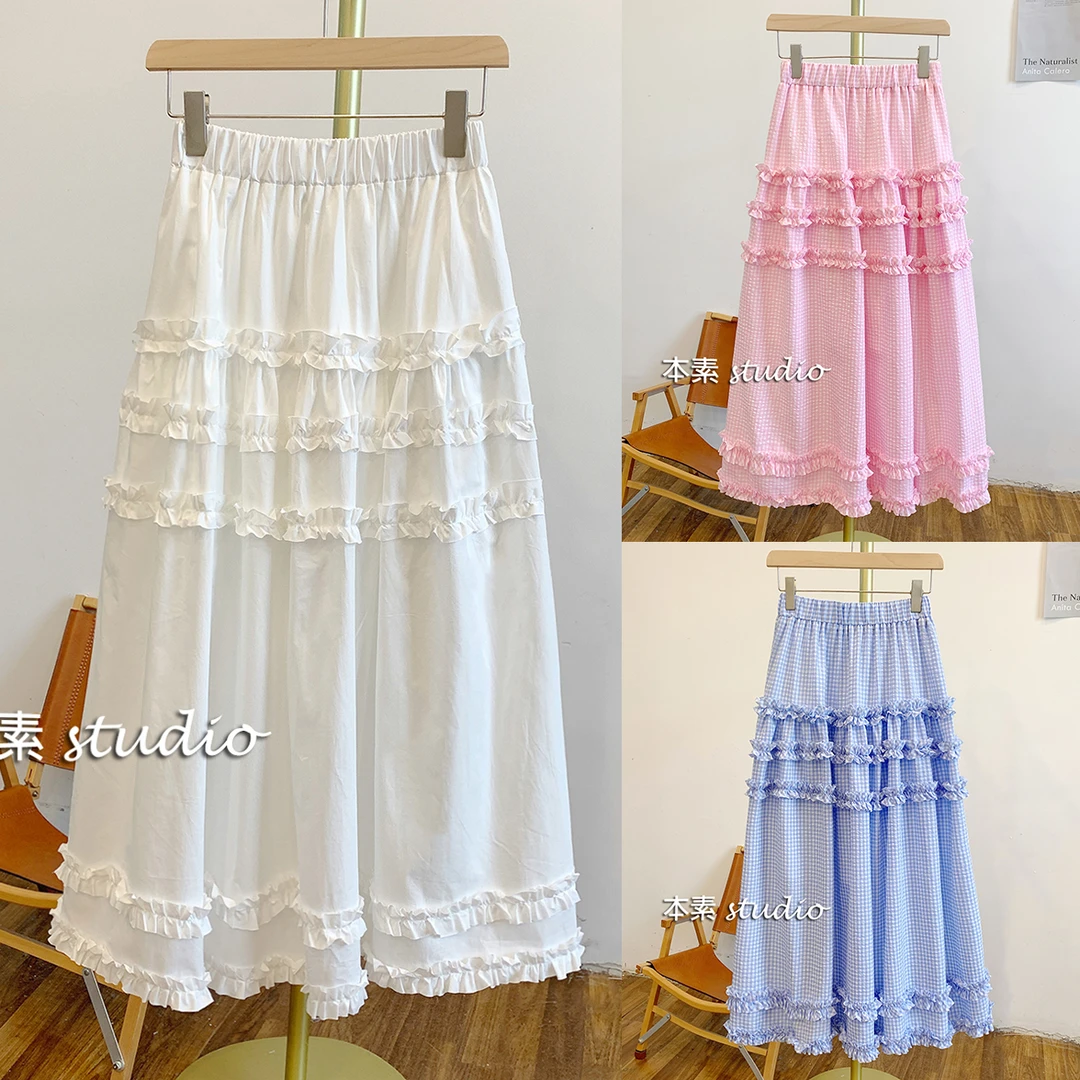 C3810木耳边松紧腰半身裙