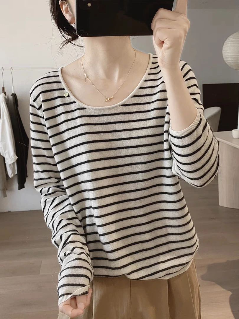 圆领针织衫女式春秋季新款宽松显瘦韩版简约基础款打底衫羊毛上衣