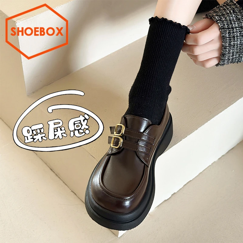 SHOEBOX鞋柜厚底英伦风黑色乐福鞋女2025春季新款一脚蹬单鞋女