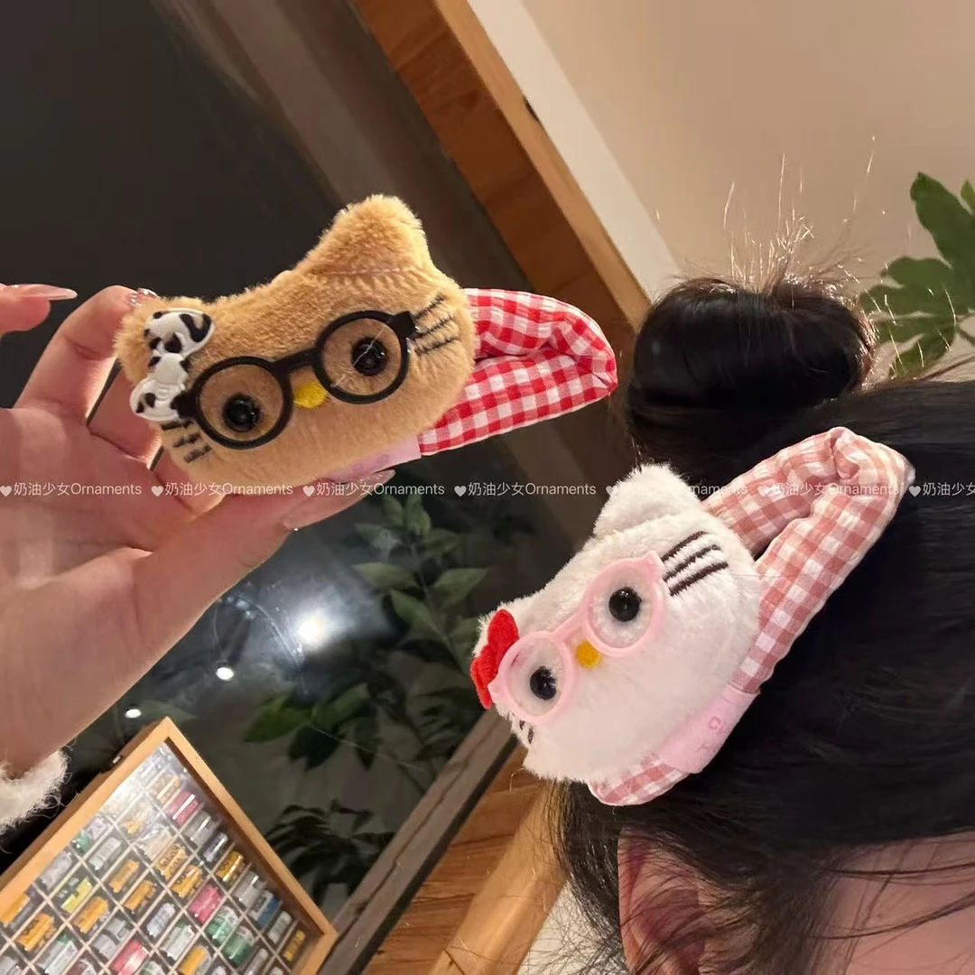 可爱眼镜KT猫格子掰掰夹少女碎发侧边BB夹卡通韩版可爱风百搭发夹