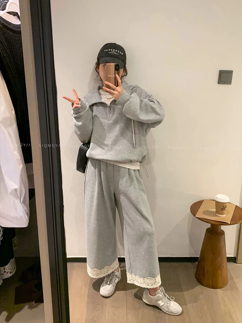 早春运动蕾丝拼接卫衣连帽宽松纯色两件套套装