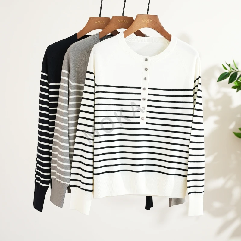 60支16针圆领绵羊毛长袖条纹针织衫女士毛衣（241370）3022