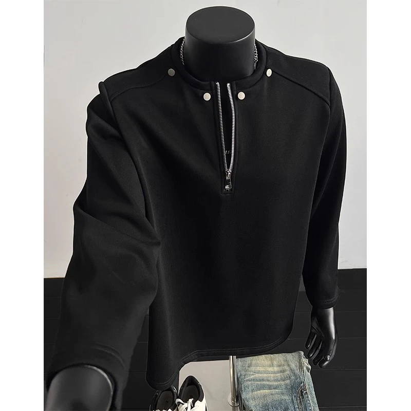 半拉链重磅长袖T恤男春秋季美式高街柳钉长袖T恤痞帅垫肩卫衣男款