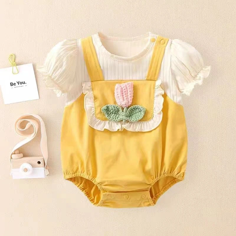 夏季新款连体衣韩版婴儿可爱假两件短袖哈衣新生儿女宝宝包屁爬服