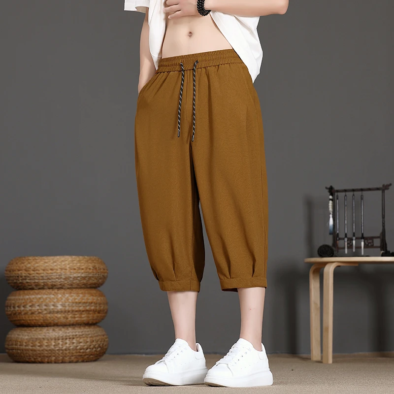 短裤男夏季休闲纯色百搭阔腿裤束脚裤七分裤中裤男哈伦裤男生裤子