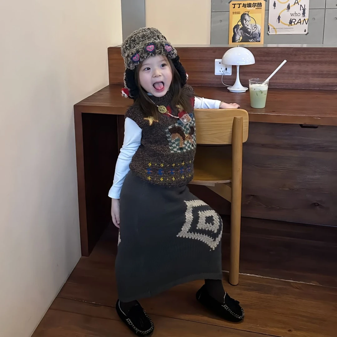 壹妈童装宝宝冬装套装新款时髦韩系洋气女童时髦针织马甲格子半裙