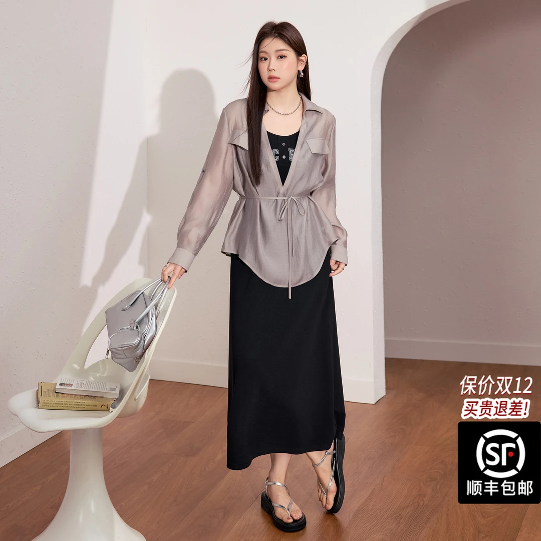 蓝语大码女装天丝轻薄衬衫休闲显瘦吊带连衣裙2025夏季一整套穿搭