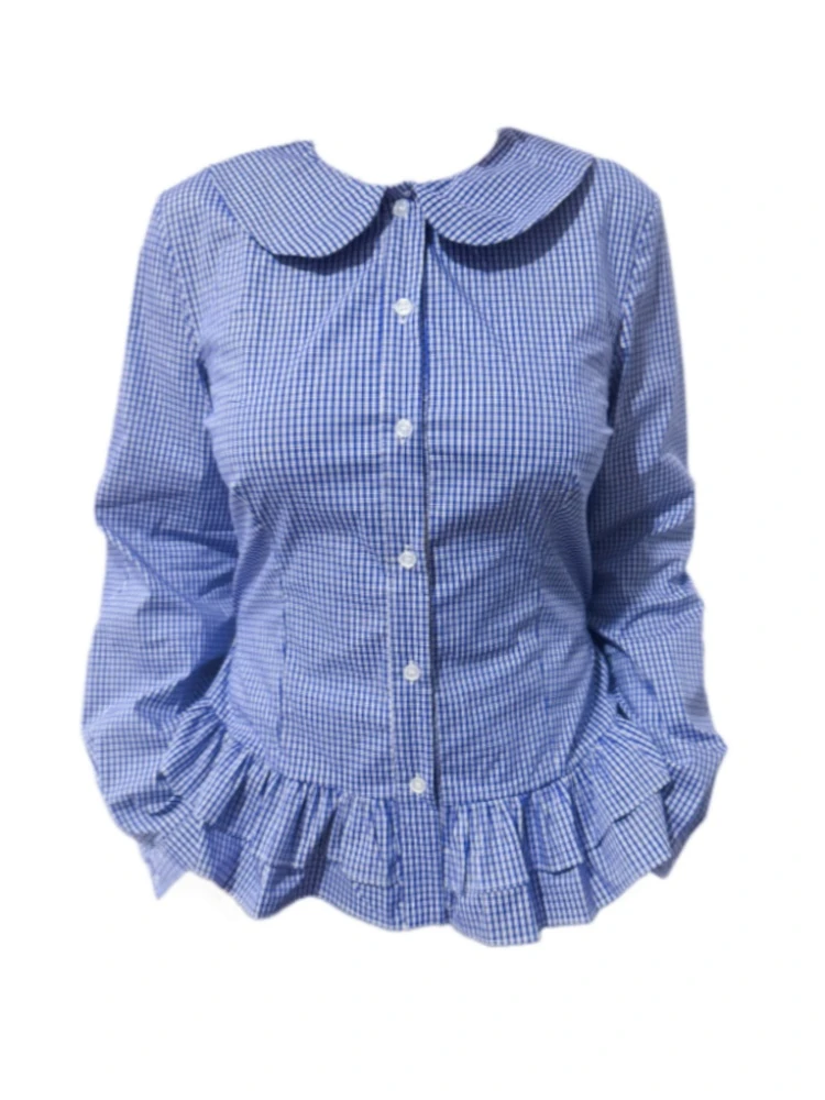 Amy家 微胖mm韩系娃娃领长袖格子衬衫女秋季设计感绑带荷叶边上衣