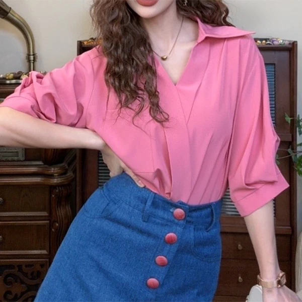 清【港万】通勤温柔设计感V领衬衫Y3443