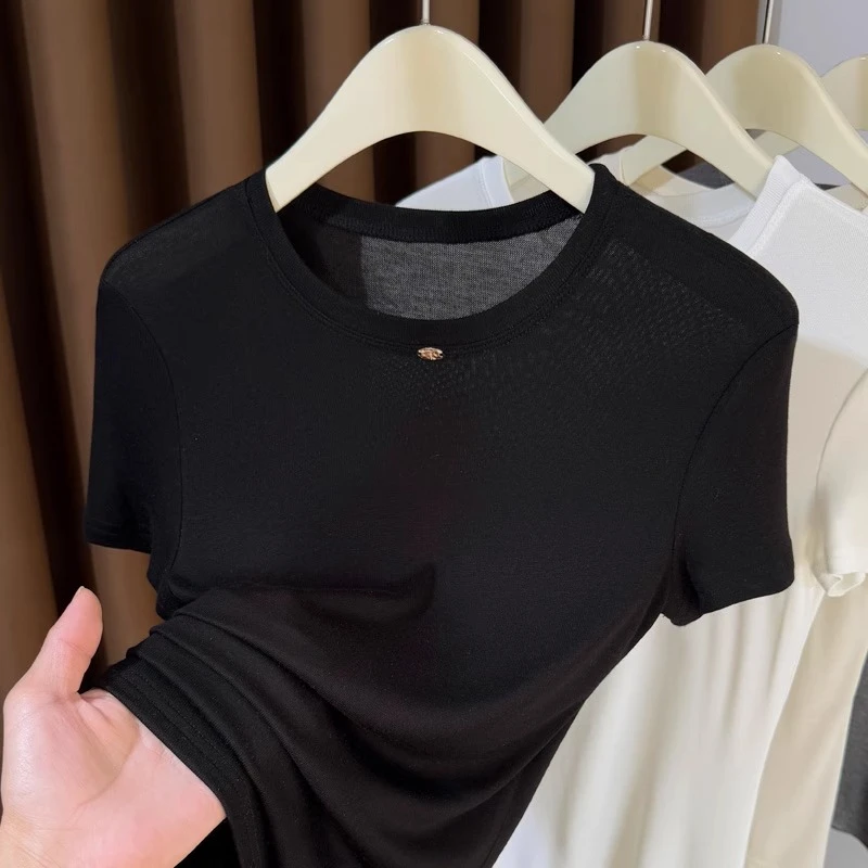 黑色小圆领薄款针织t恤女短袖2025新款冰丝内搭打底衫女半袖上衣
