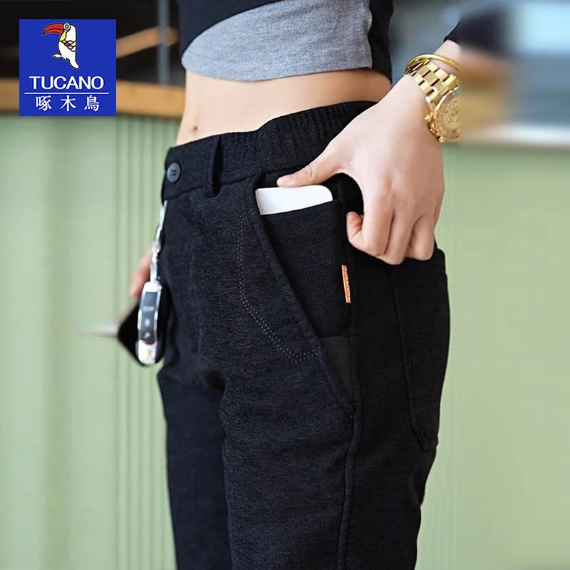啄木鸟黑色休闲裤男士2025秋冬季新款雪尼尔加绒弹力修身小脚长裤