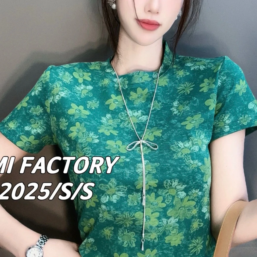 2025夏季新款欧货扎染花朵短袖T恤女修身显瘦时尚百搭2114