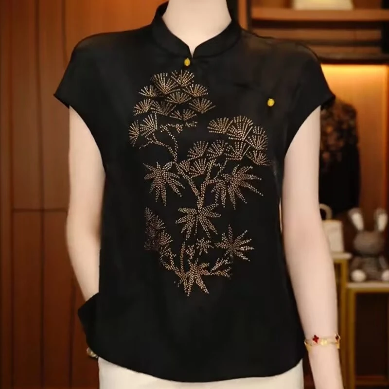 新中式国风盘扣妈妈夏季短袖上衣衬衫中老年复古国风上衣T恤衫