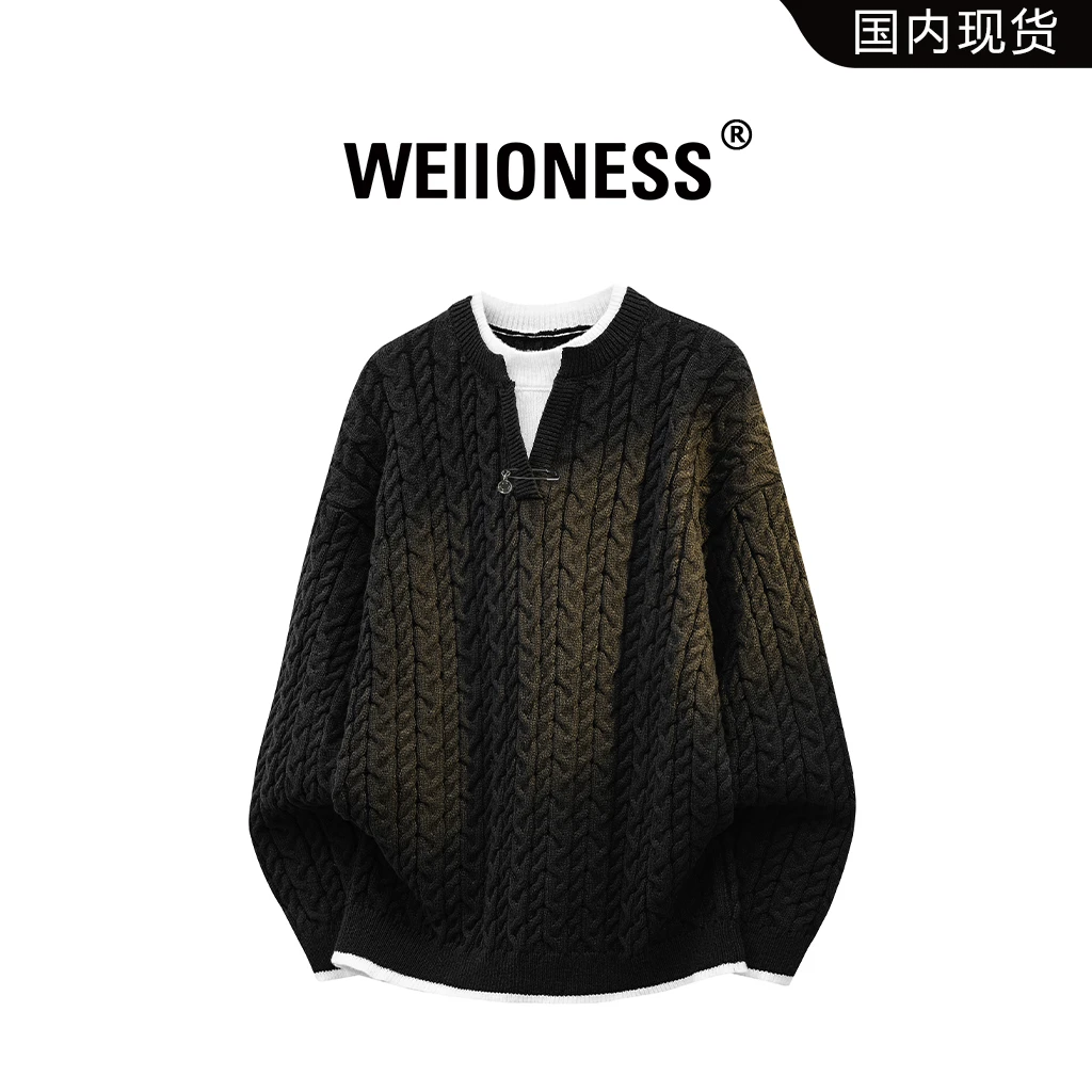 WEIIONESS提花假两件针织毛衣男士秋冬百搭休闲上衣轻奢痞帅男装