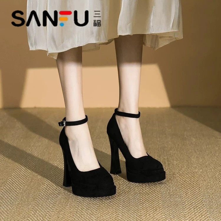 三福时尚百搭女绒面玛丽珍高跟鞋2025秋季新款粗跟防水台单鞋婚鞋