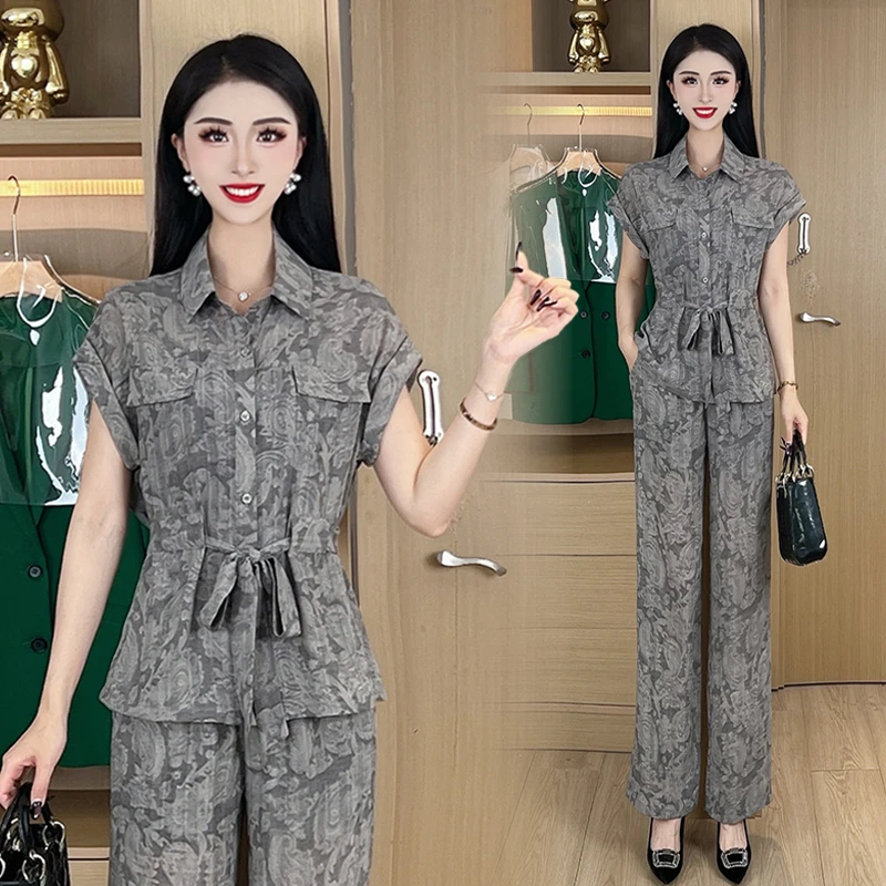 设计感时尚拼接短袖套装女2025年夏季新款气质显瘦阔腿裤两件套潮