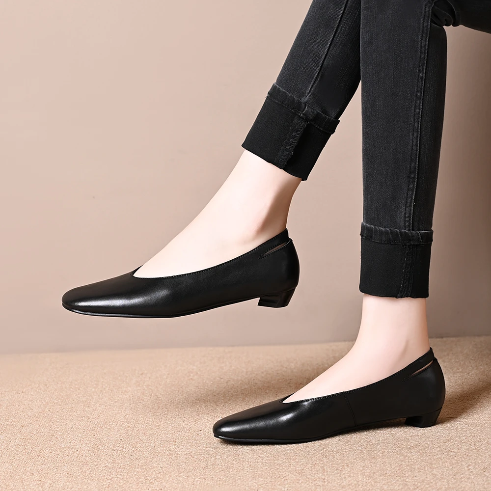 复古风简约方头低跟浅口单鞋女2025春秋季新款百搭一脚蹬小皮鞋女