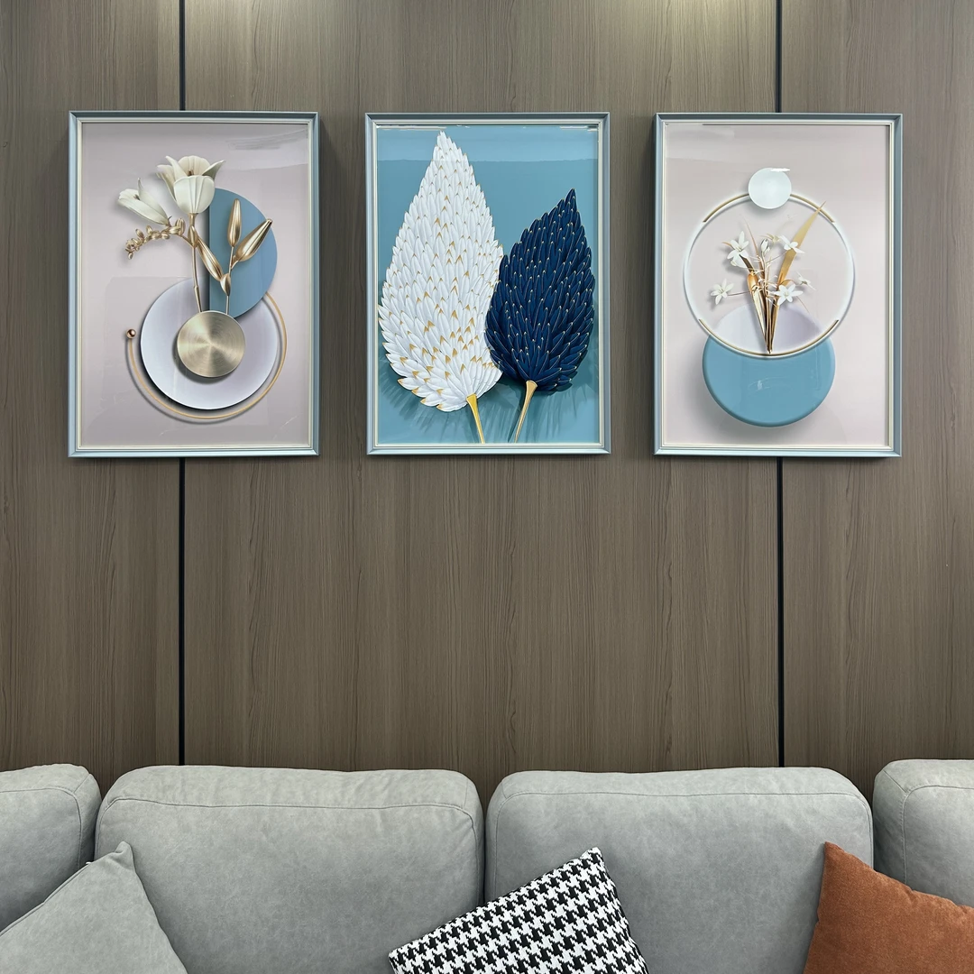 R004【相濡以沫】简约轻奢羽毛三联装饰画沙发背景墙卧室床头挂画