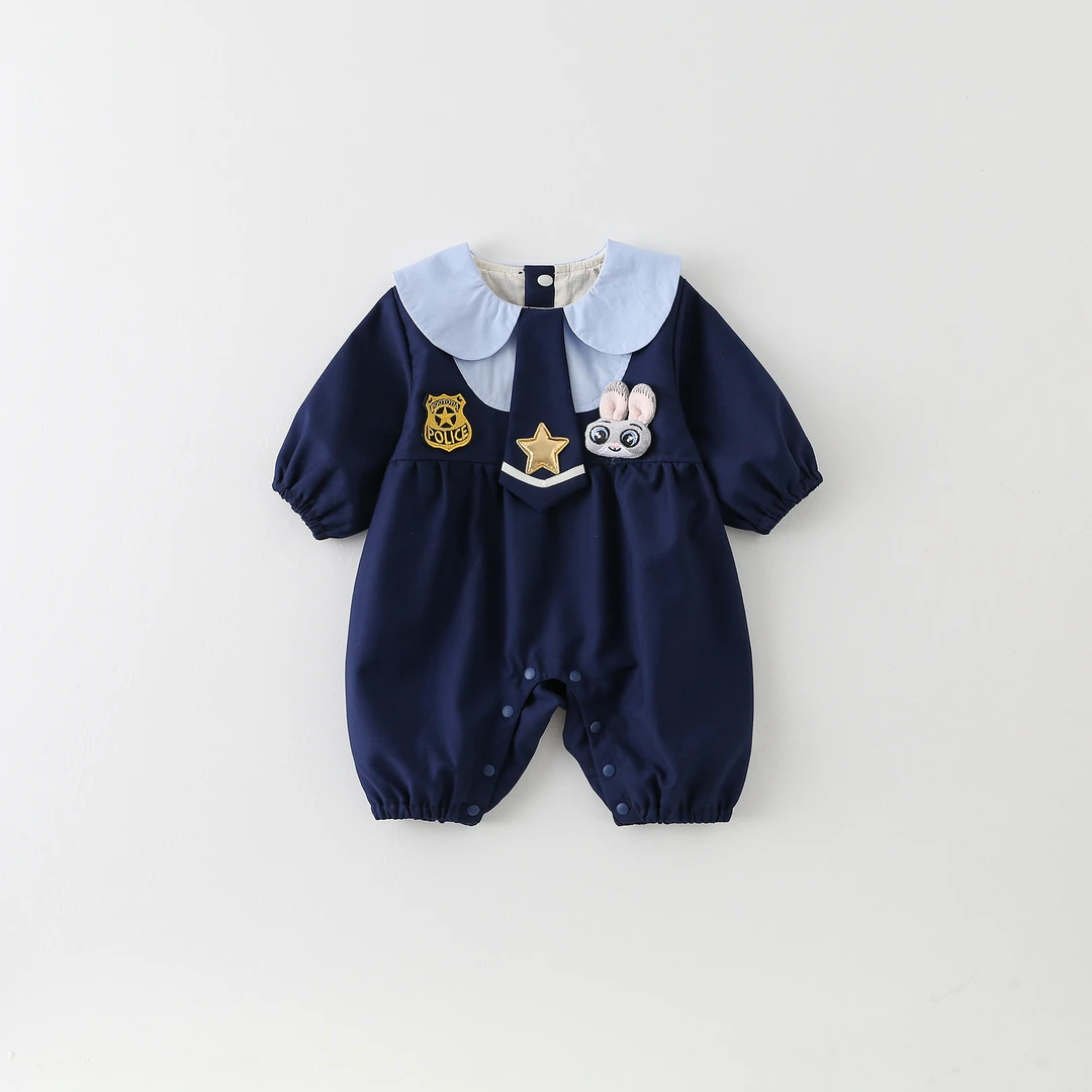 秋季2025新款女宝宝兔子警官娃娃领爆款学院风爬爬服超萌可爱爬服