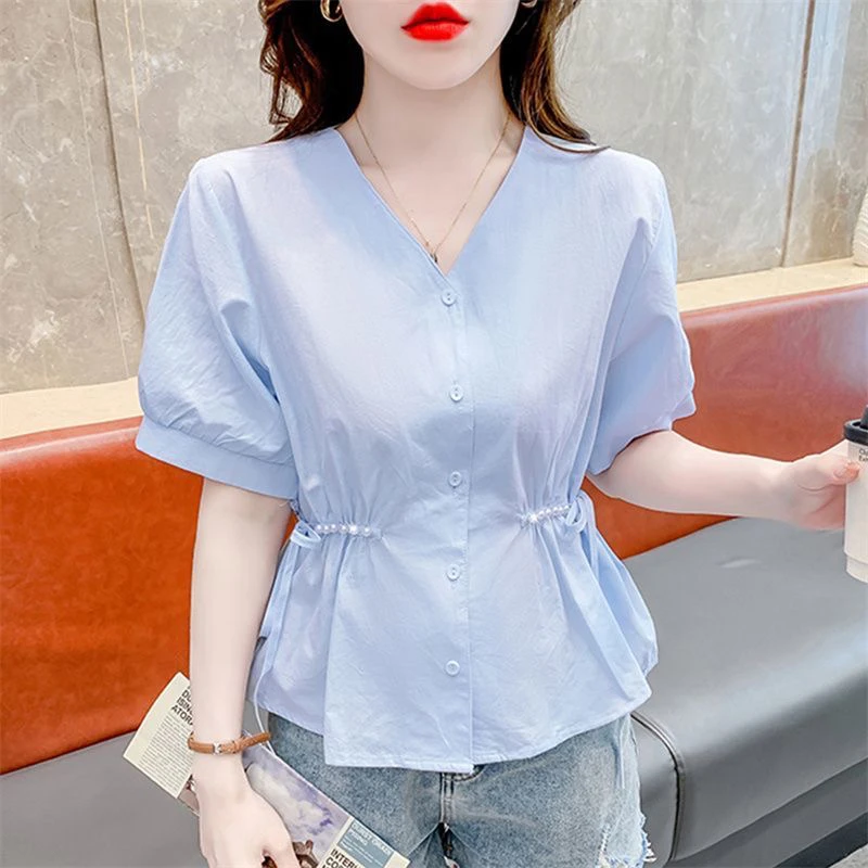 V领显瘦收腰洋气短袖衬衫女装蓝色女国风新款雪纺上衣女大码女款