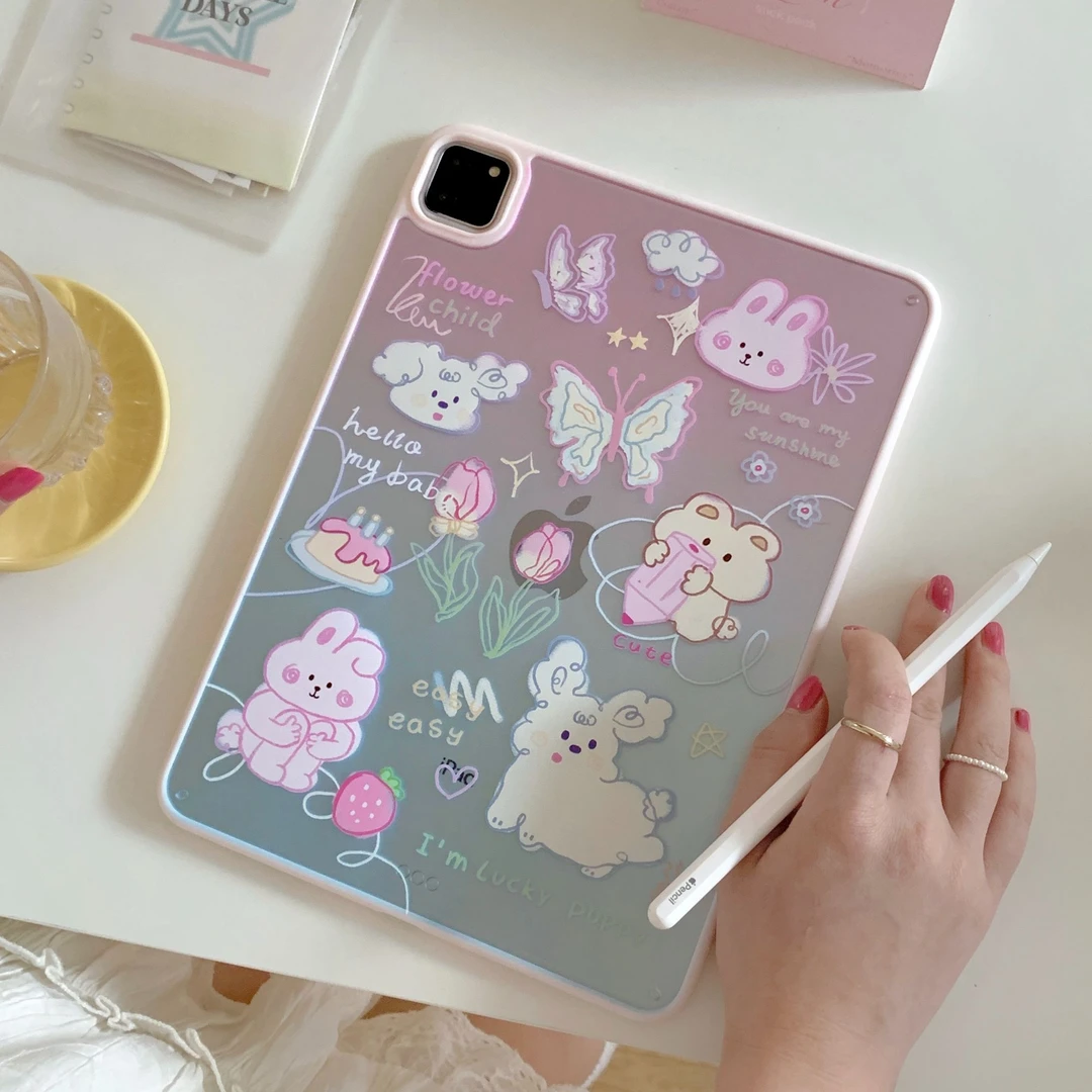 蝴蝶郁金香小兔子苹果ipad9代平板保护套ipadair5透明ipadpro硬壳