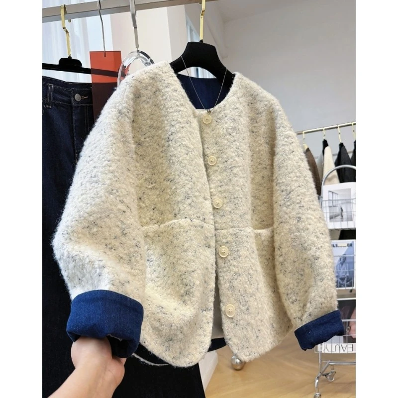 2025新款韩系粗花呢圆领短款毛呢外套女秋冬独特超好看的呢子夹克