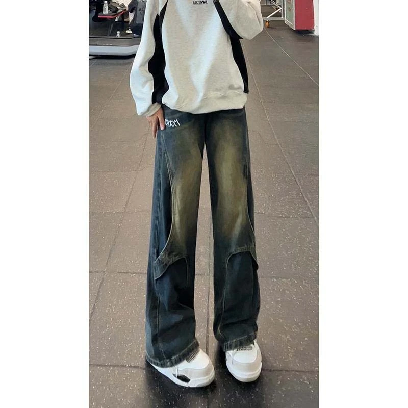 美式复古重工做旧水洗宽松牛仔裤男春秋潮解构拼接设计直筒阔腿裤