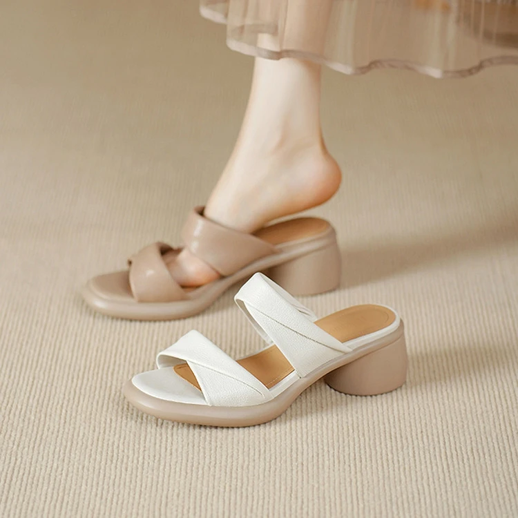 羊皮~5cm露趾外穿法式女凉鞋仙女风厚底夏季皮拖鞋时尚百搭罗马鞋
