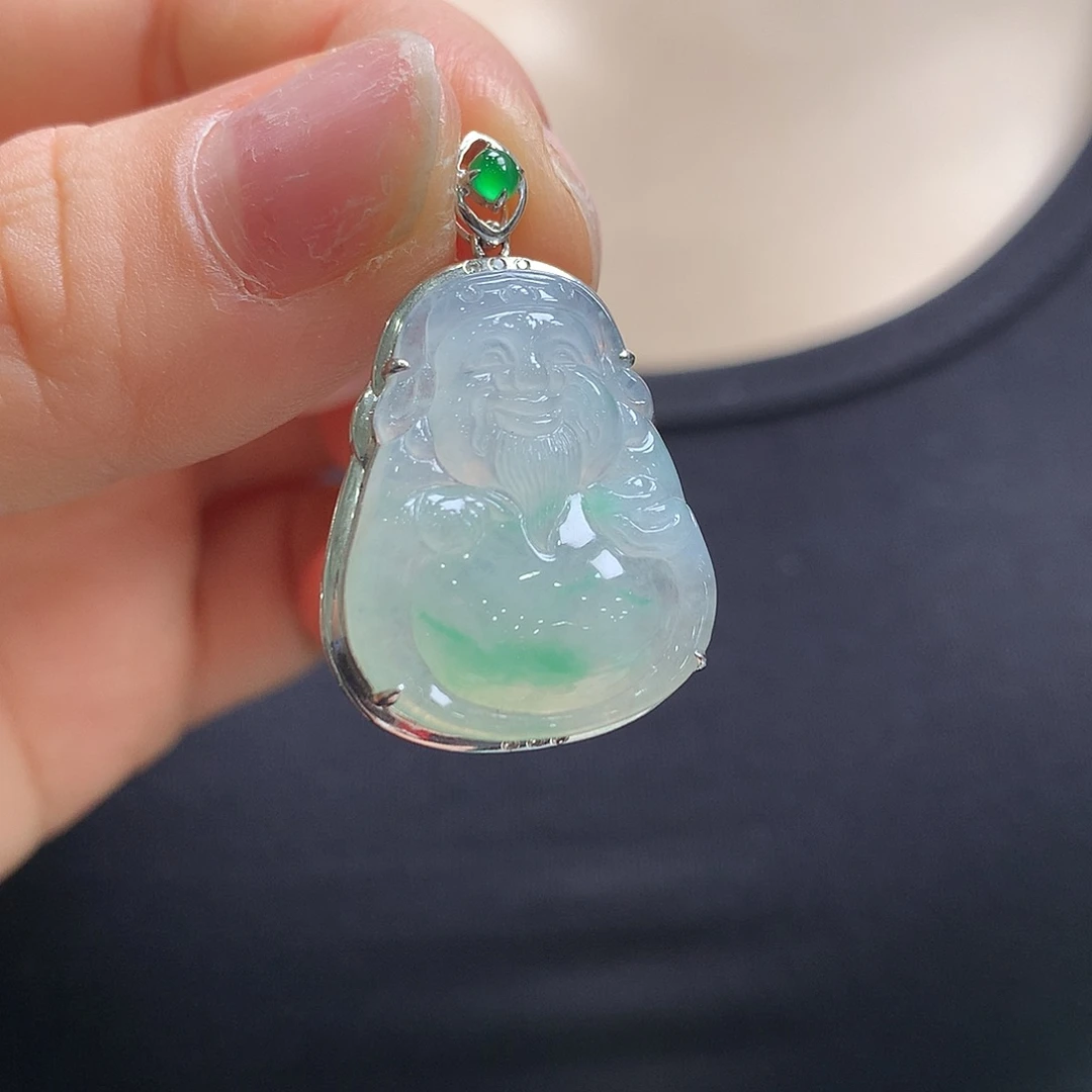 翡翠18K金镶嵌颈饰财神爷