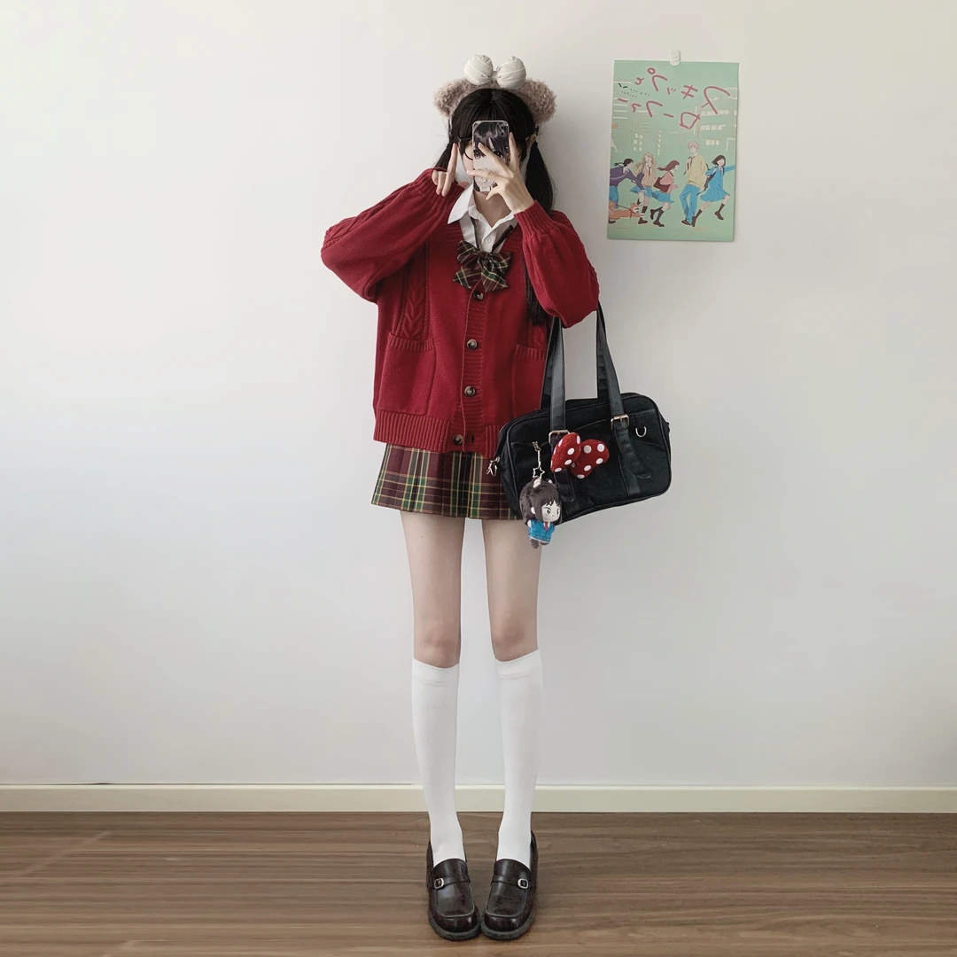 刺小兔原创JK制服麻花开衫毛衣宽松学院风圣诞新年针织衫套装秋冬