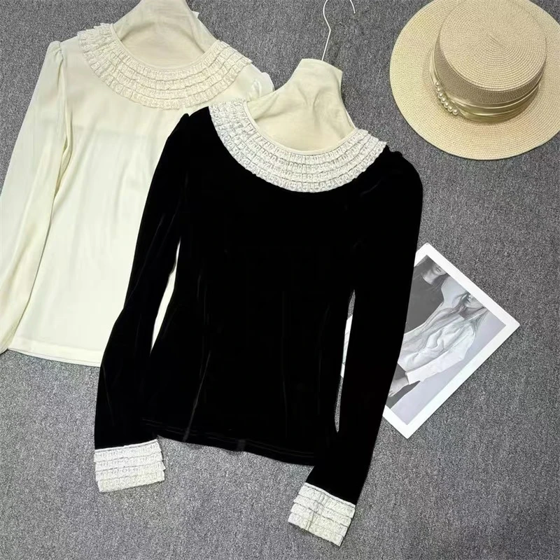 226515法式上身气质发光真丝丝绒拼蕾丝花边长袖上衣