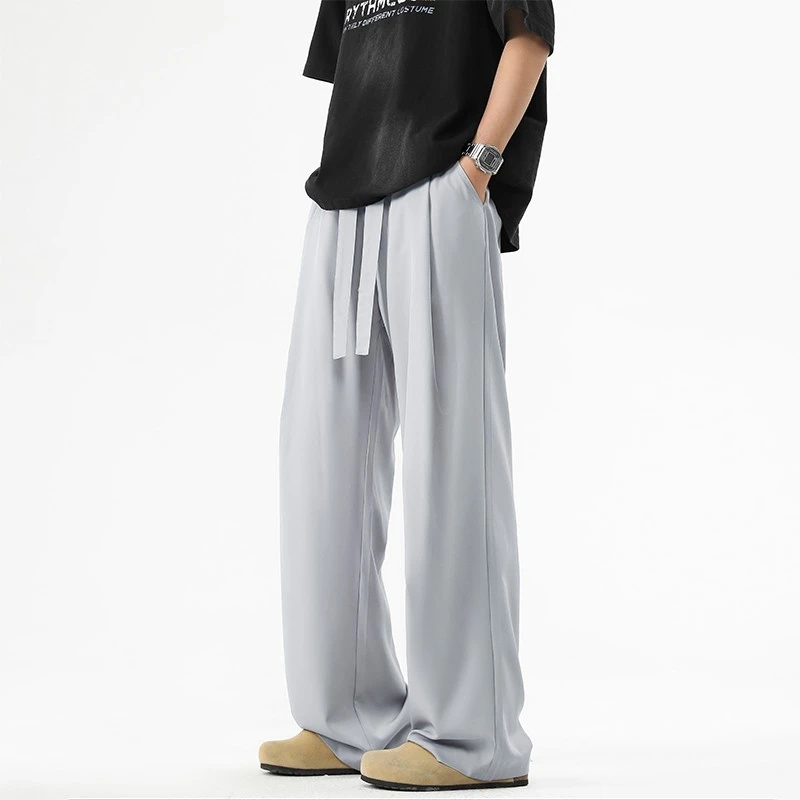 夏季薄款冰丝裤子男士宽松百搭阔腿运动速干抽绳垂感休闲长裤