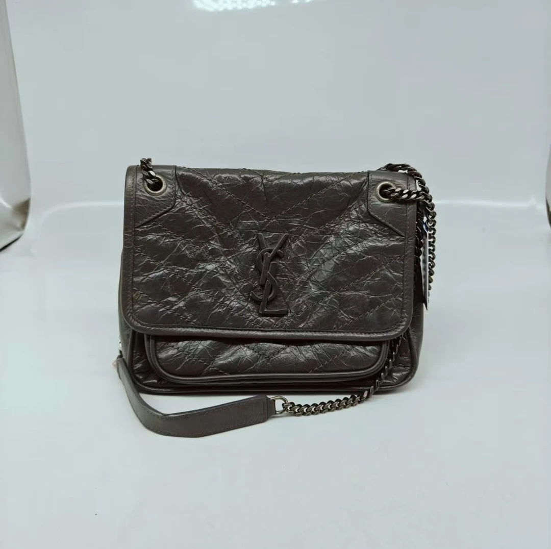 95新 YSL/圣罗兰 niki中号灰色银扣油蜡牛皮单肩包/51195162