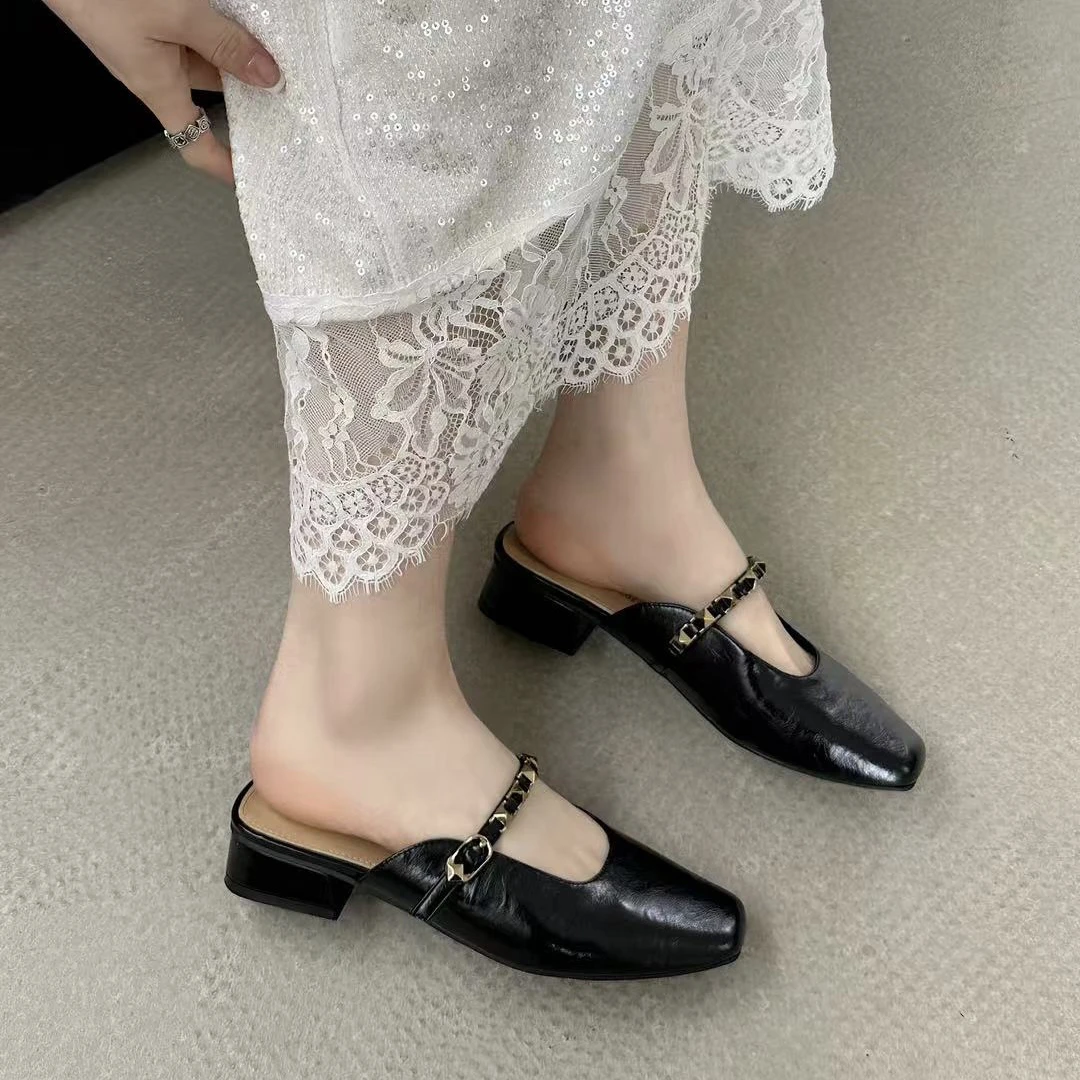 82-9女法式复古包头半拖鞋皮面平底懒人休闲鞋夏季百搭时尚