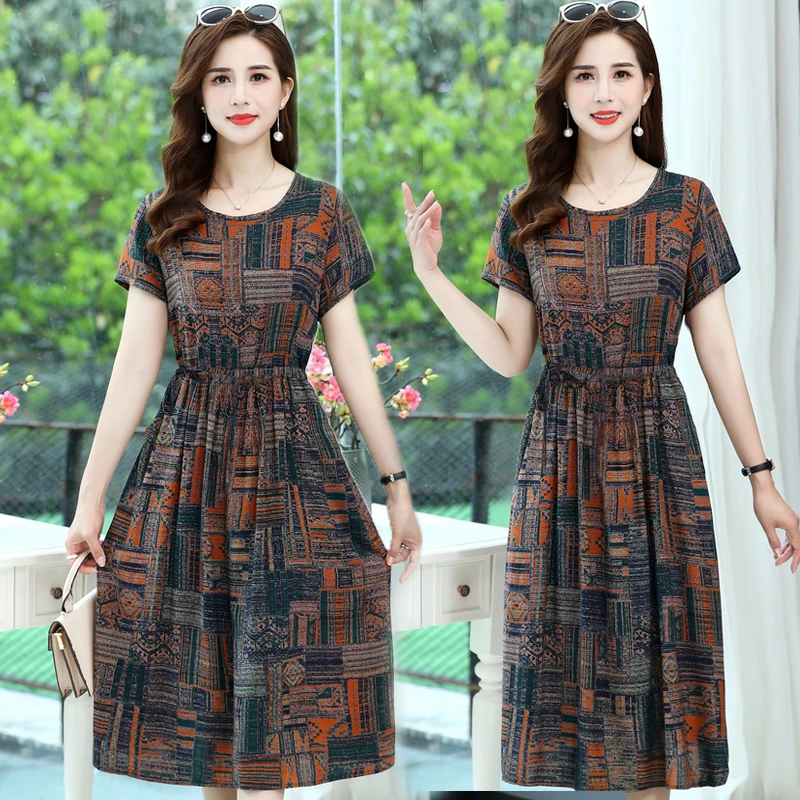 （1号色）中长款棉绸裙子夏季新款时尚短袖系带棉绸连衣裙