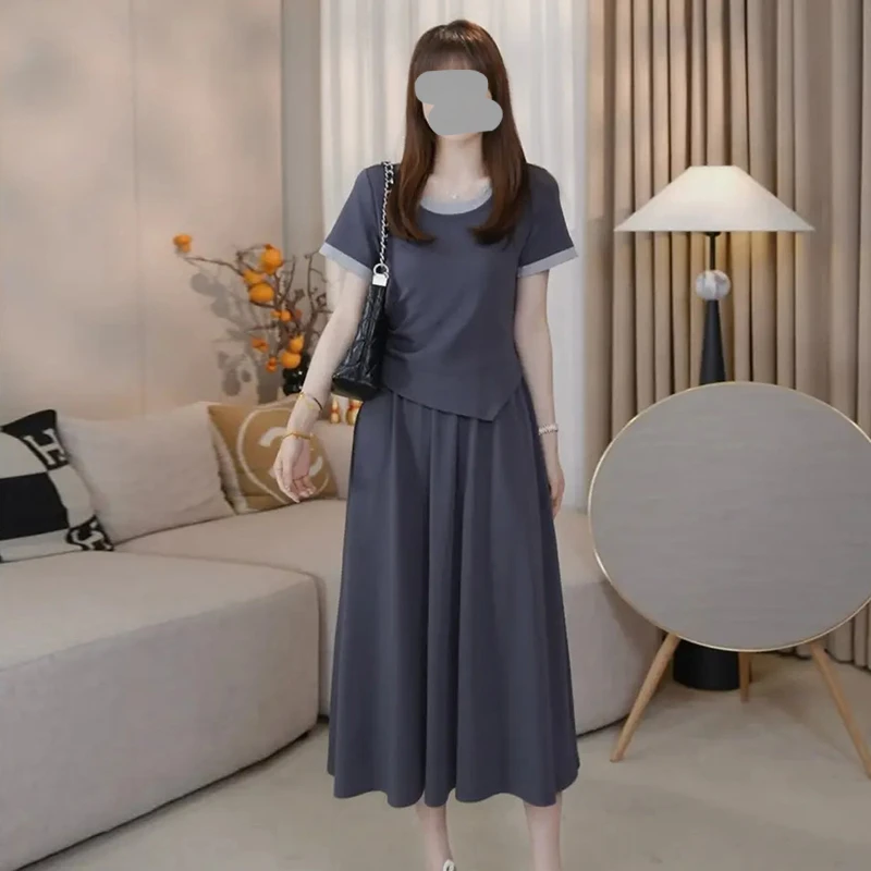 韩版简约设计感拼接撞色假两件连衣裙女2025夏季收腰显瘦中长裙潮